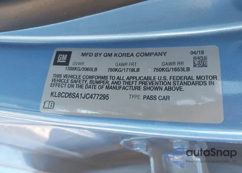 2018 Chevrolet Spark 1Lt Cvt из США, поврежденный, VIN KL8CD6SA1JC477295